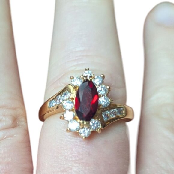 Joseph Cleary Gold Tone Ring Marquee Cut Red Garnet Bypass Statement JC - Picture 4 of 12